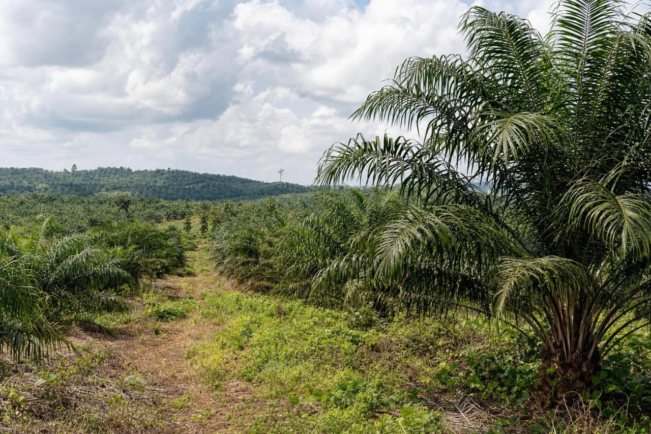 Young oil palm plantation with a grassed access path between rows