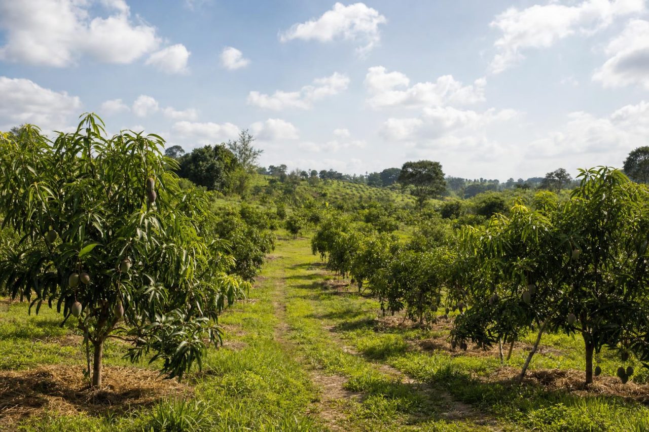 Young mango orchard with a grassed path between rows of fruiting trees